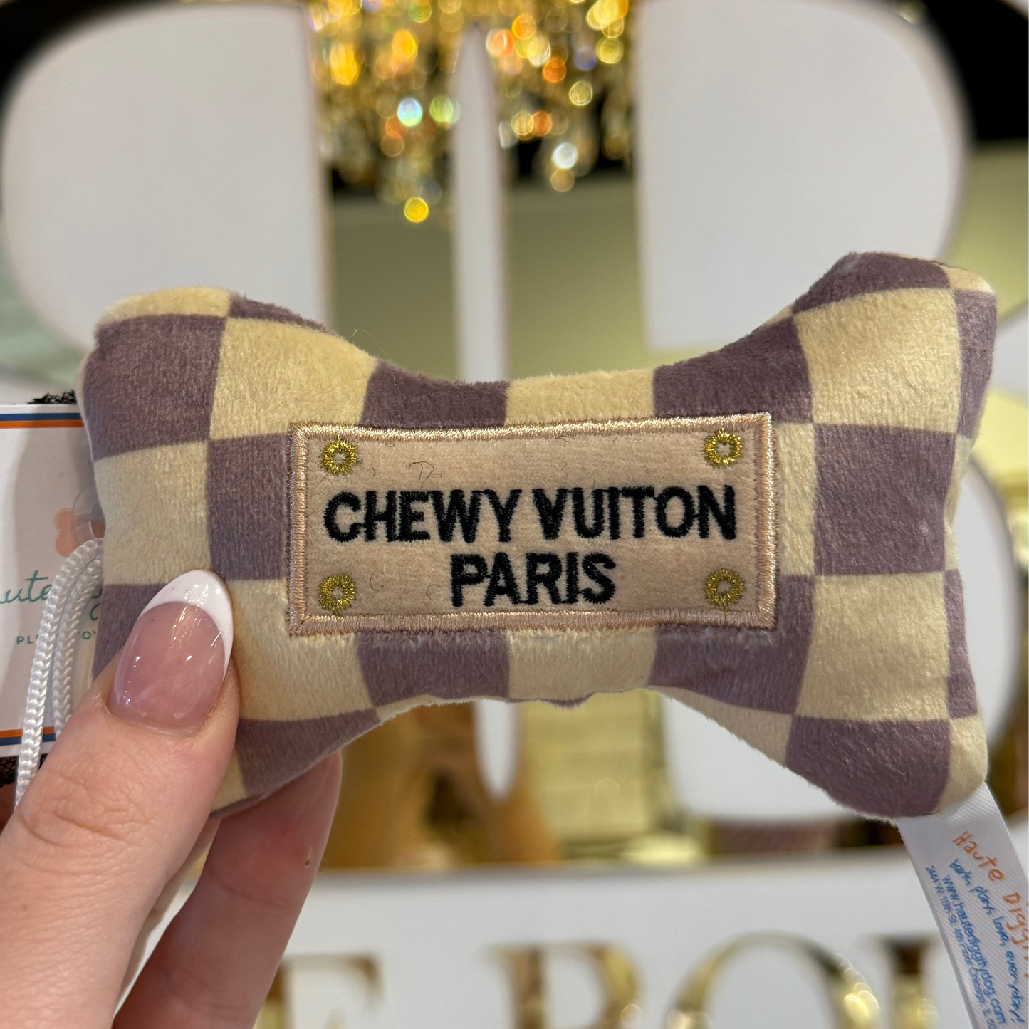 BOUTIQUE HAUTE DIGGITY DOG CHECKER CHEWY VUITON BONE IN HAND