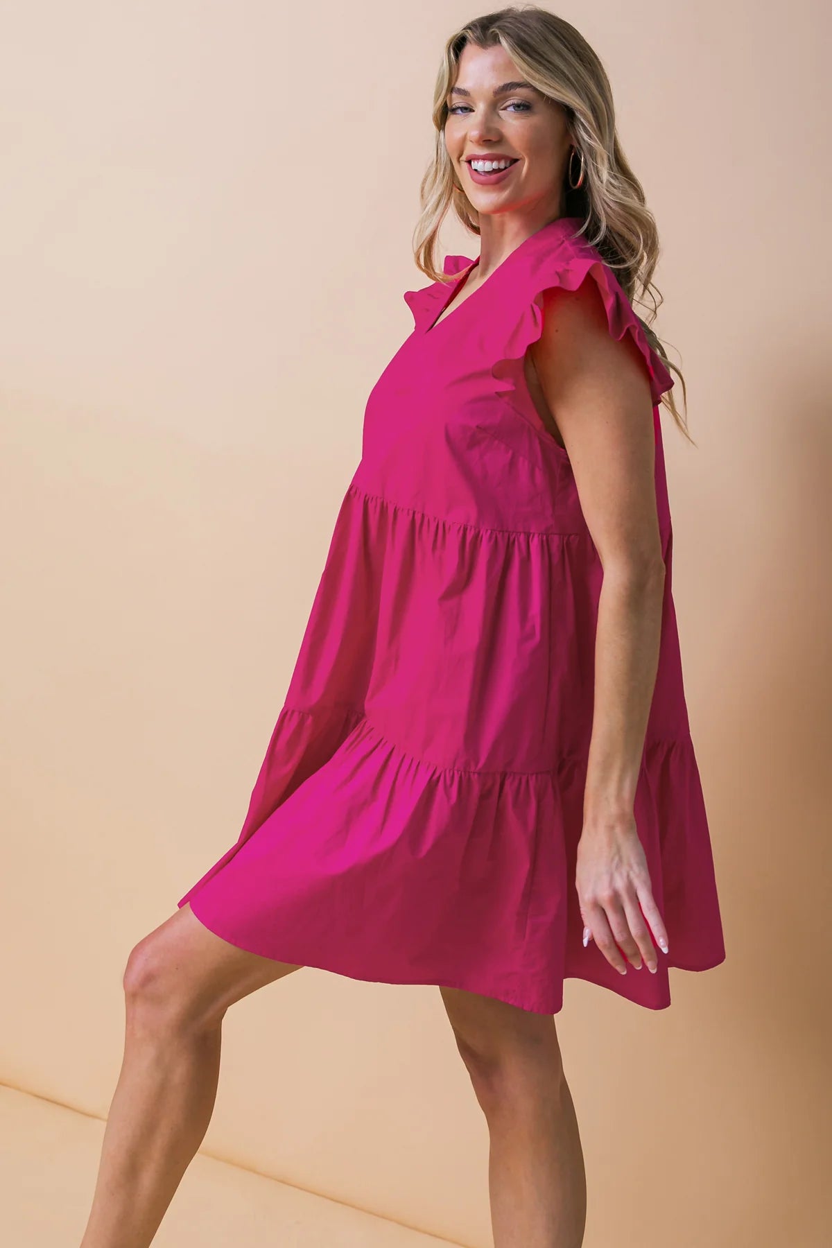 BOUTIQUE INTO THE NIGHT POPLIN MINI DRESS FUCHSIA SIDE