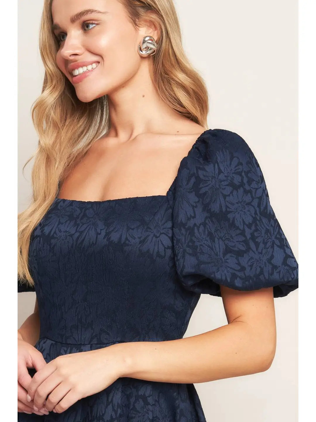 BOUTIQUE JACQUARD WOVEN MIDI DRESS NAVY FRONT 2