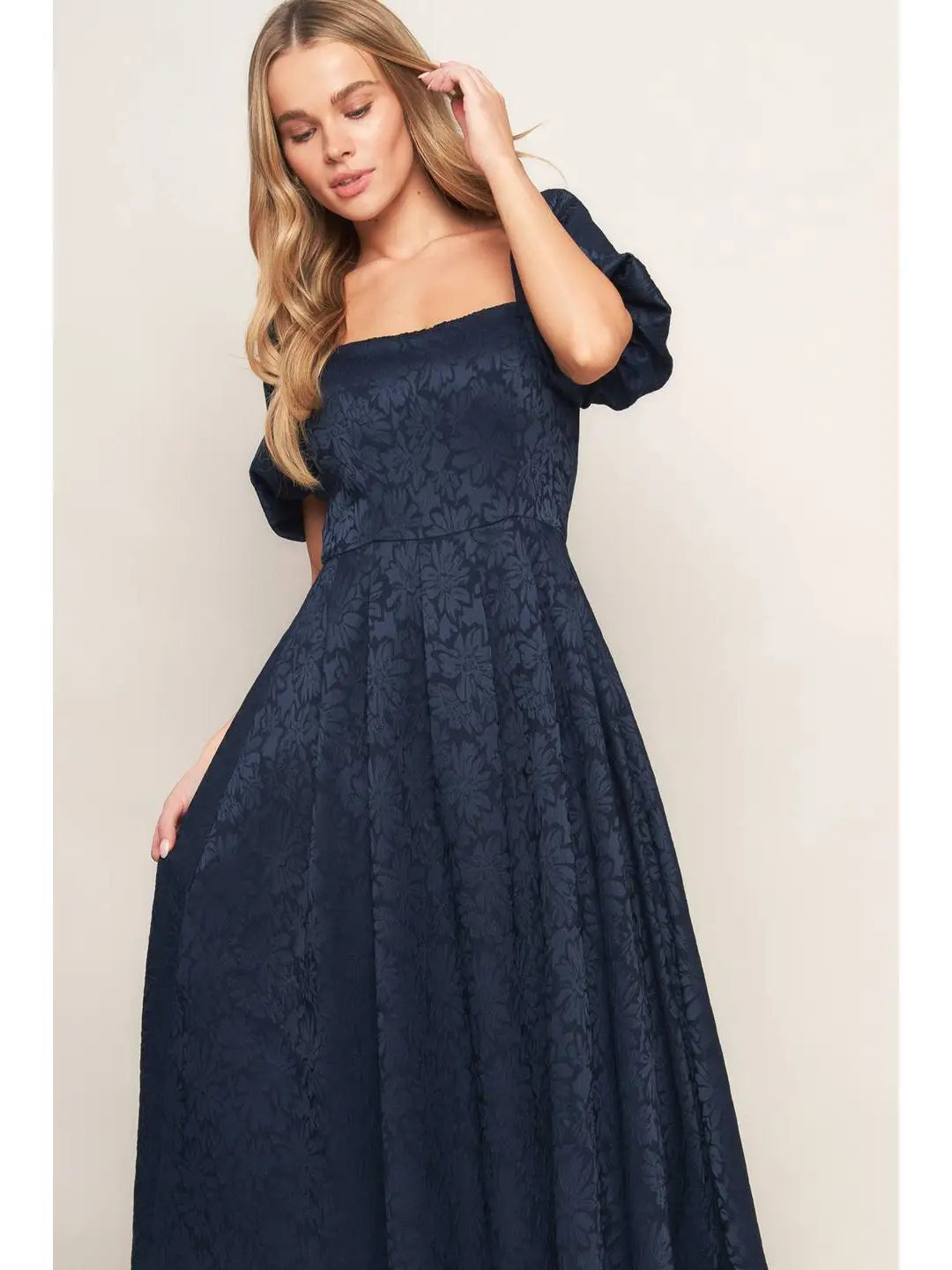 BOUTIQUE JACQUARD WOVEN MIDI DRESS NAVY FRONT 3