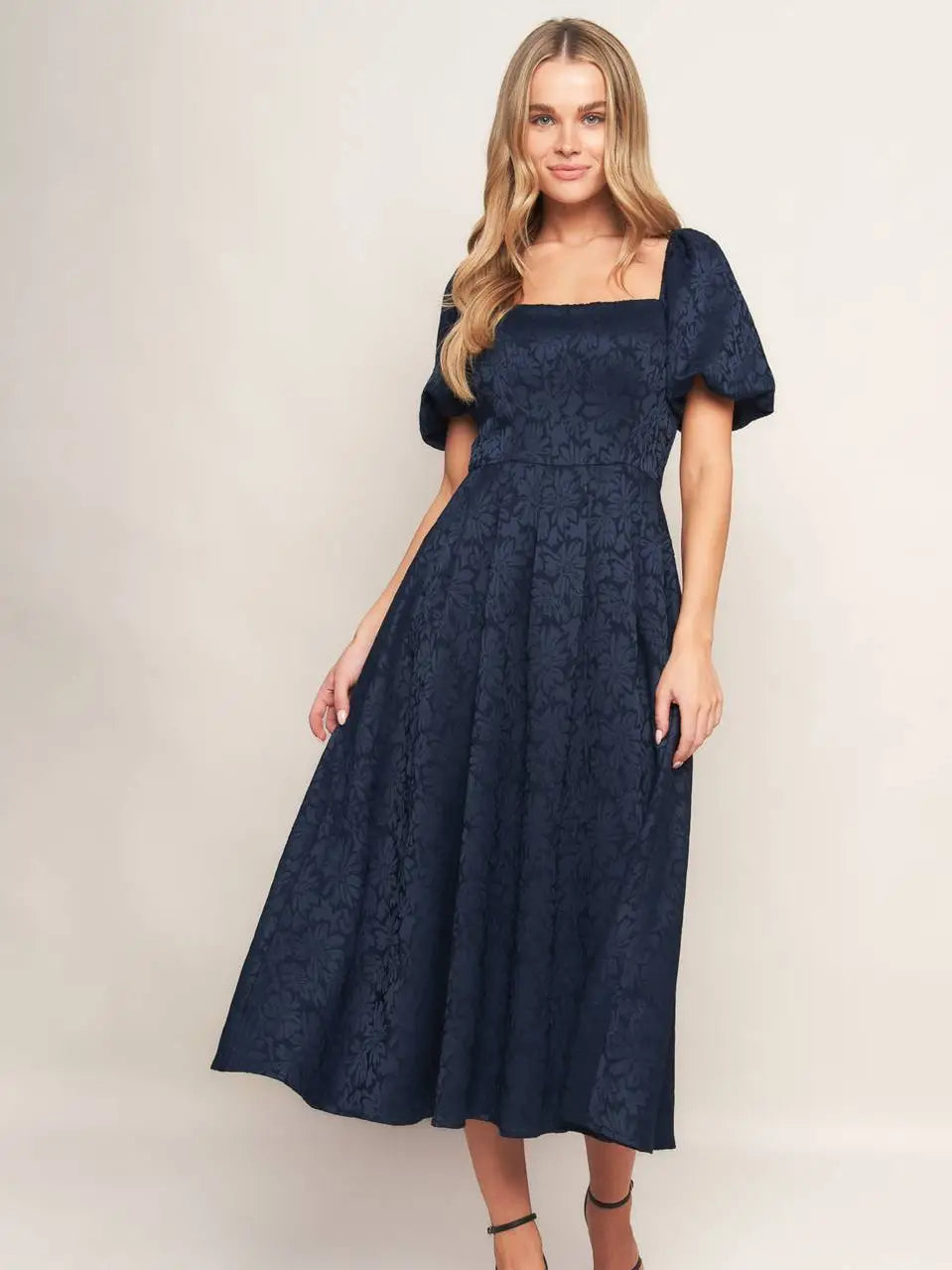 BOUTIQUE JACQUARD WOVEN MIDI DRESS NAVY FRONT 4