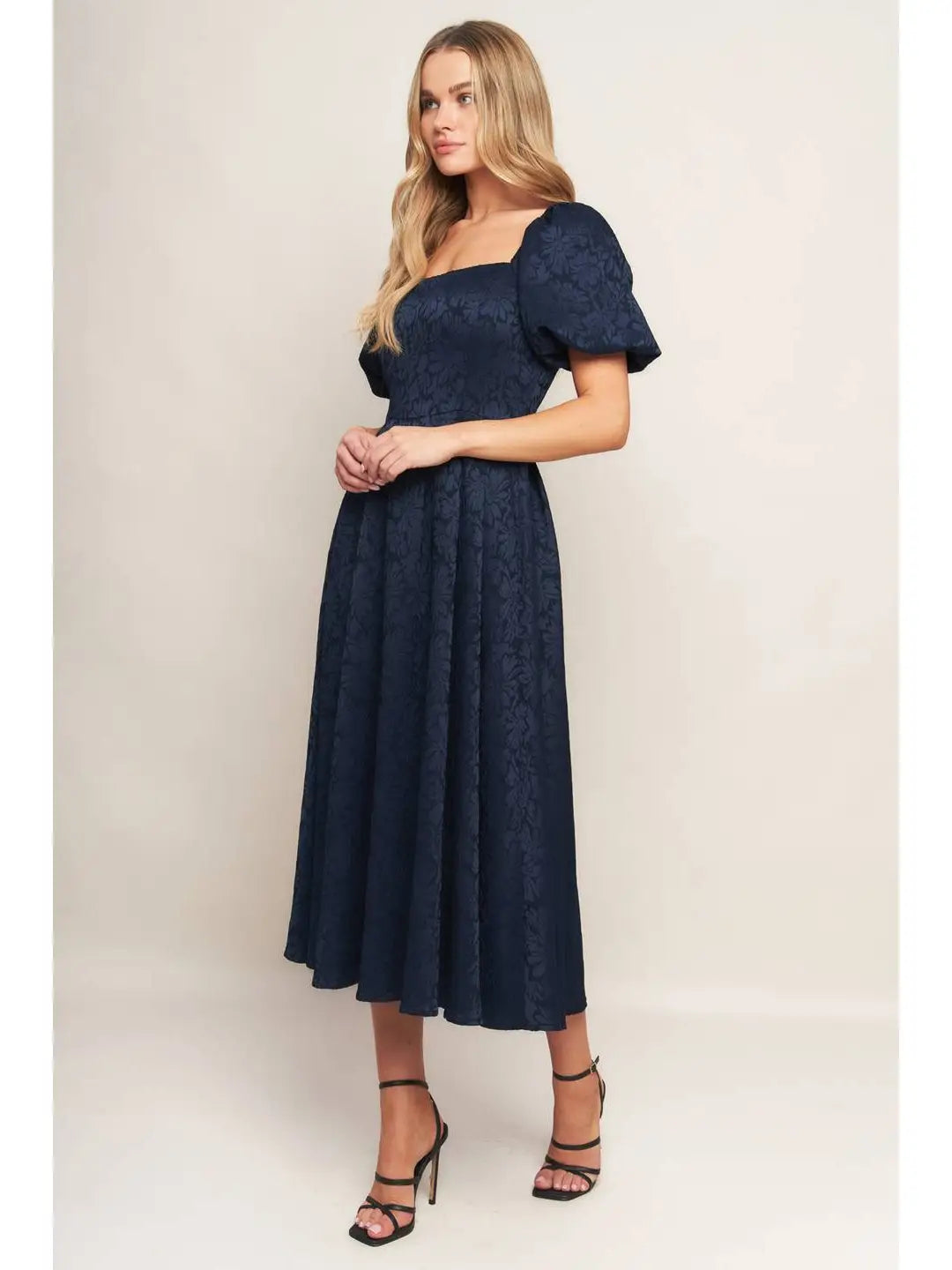 BOUTIQUE JACQUARD WOVEN MIDI DRESS NAVY FRONT 5