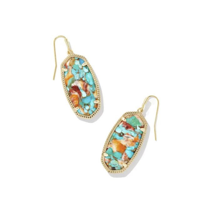 BOUTIQUE KENDRA SCOTT ELLE GOLD DROP EARRINGS BRONZED VEINED TURQUOISE MAGNESITE RED OYSTER