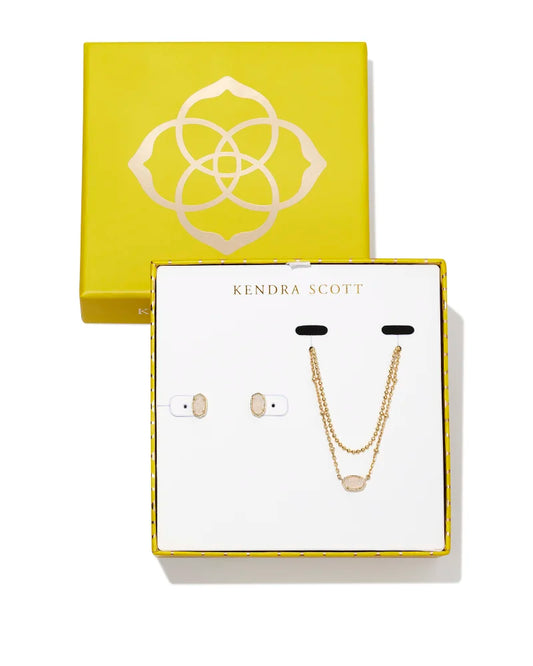BOUTIQUE KENDRA SCOTT EMILIE MULTI STRAND NECKLACE & STUD GIFT SET GOLD IRIDESCENT DRUSY