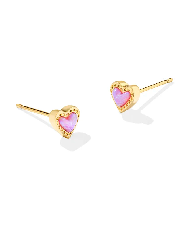 BOUTIQUE KENDRA SCOTT MINI ARI HEART GOLD STUD EARRINGS IN BUBBLEGUM PINK KYOCERA OPAL