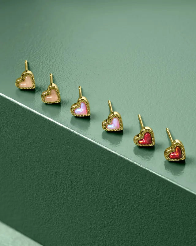 BOUTIQUE KENDRA SCOTT MINI ARI HEART GOLD STUD EARRINGS IN BUBBLEGUM PINK KYOCERA OPAL 2