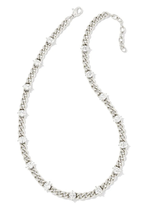BOUTIQUE KENDRA SCOTT SILVER CAILIN CRYSTAL CHAIN NECKLACE IN WHITE CRYSTAL