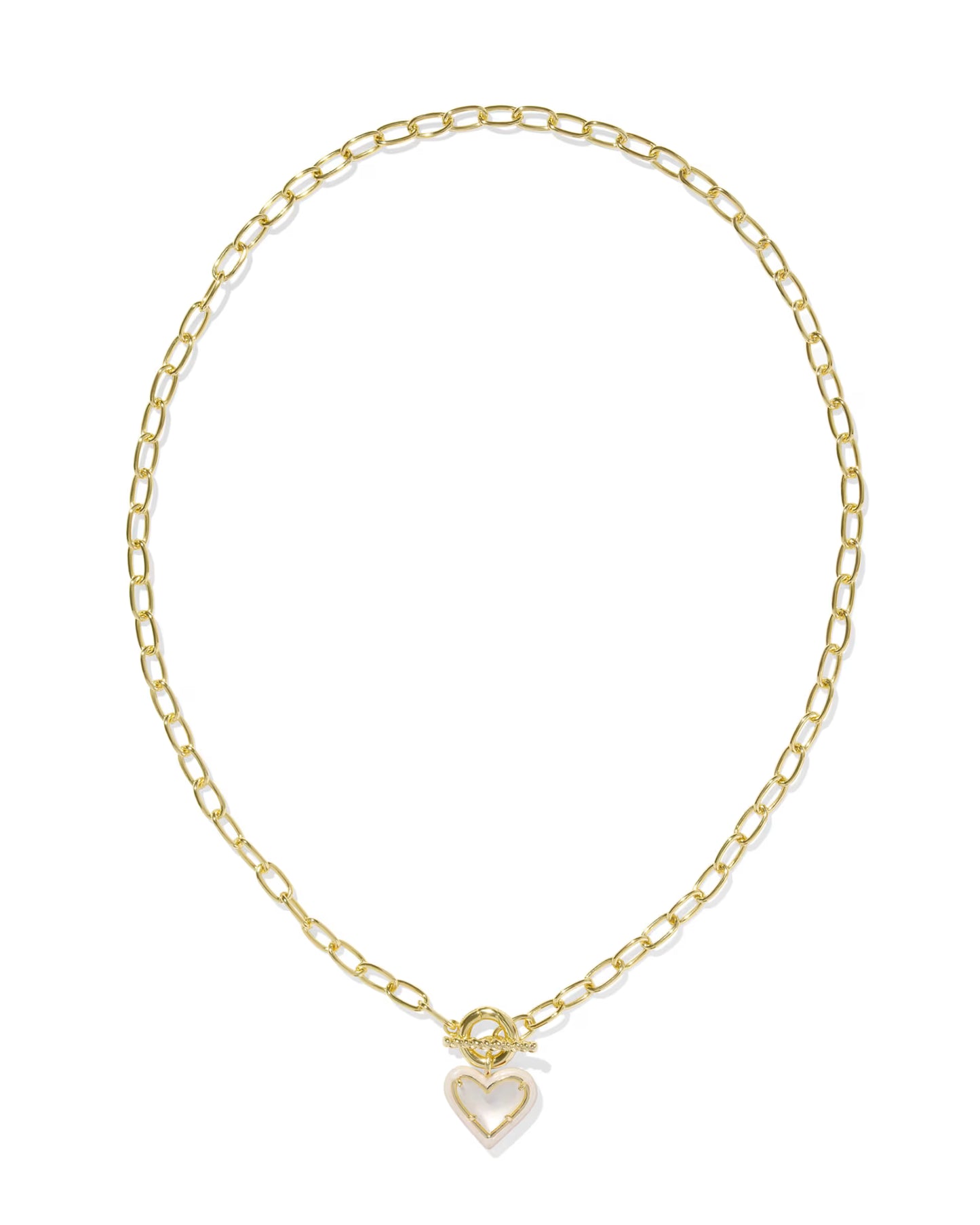Gold Kendra Scott chain necklace with a heart-shaped pendant on a white background