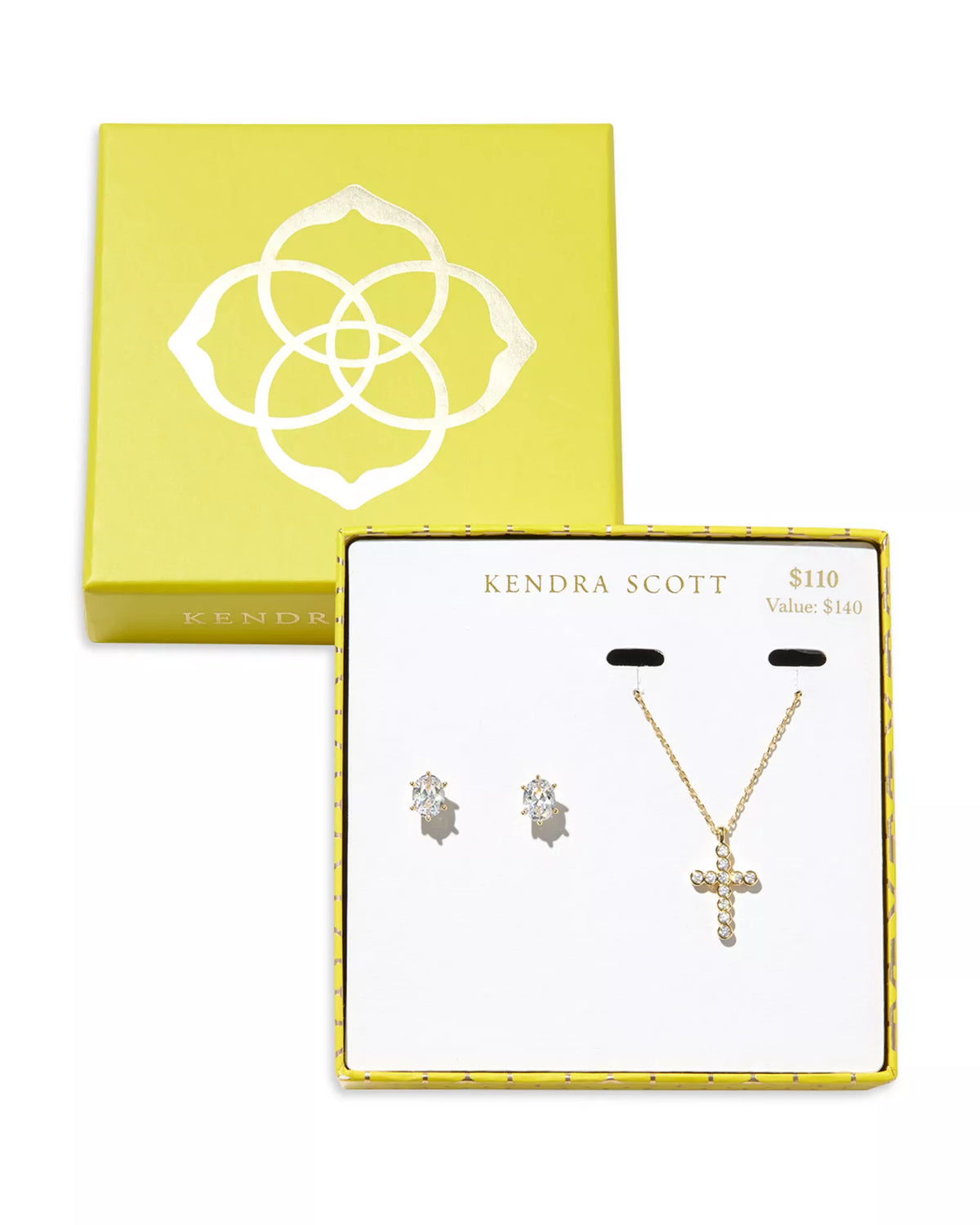 Kendra Scott Cailin Stud Earrings and Crystal Cross Necklace Gift Box Set in Gold