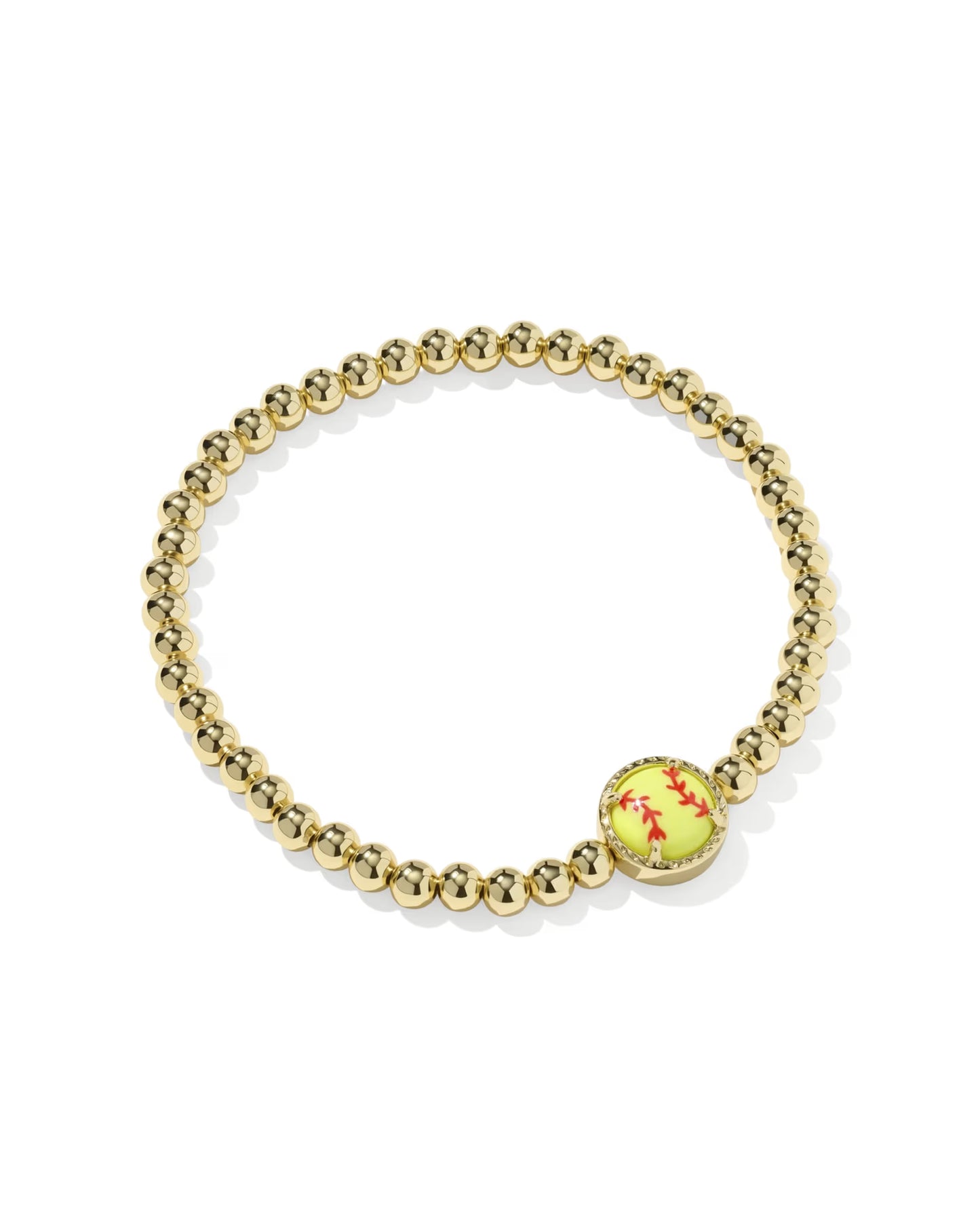 Gold beaded bracelet with a round yellow gemstone on a white background