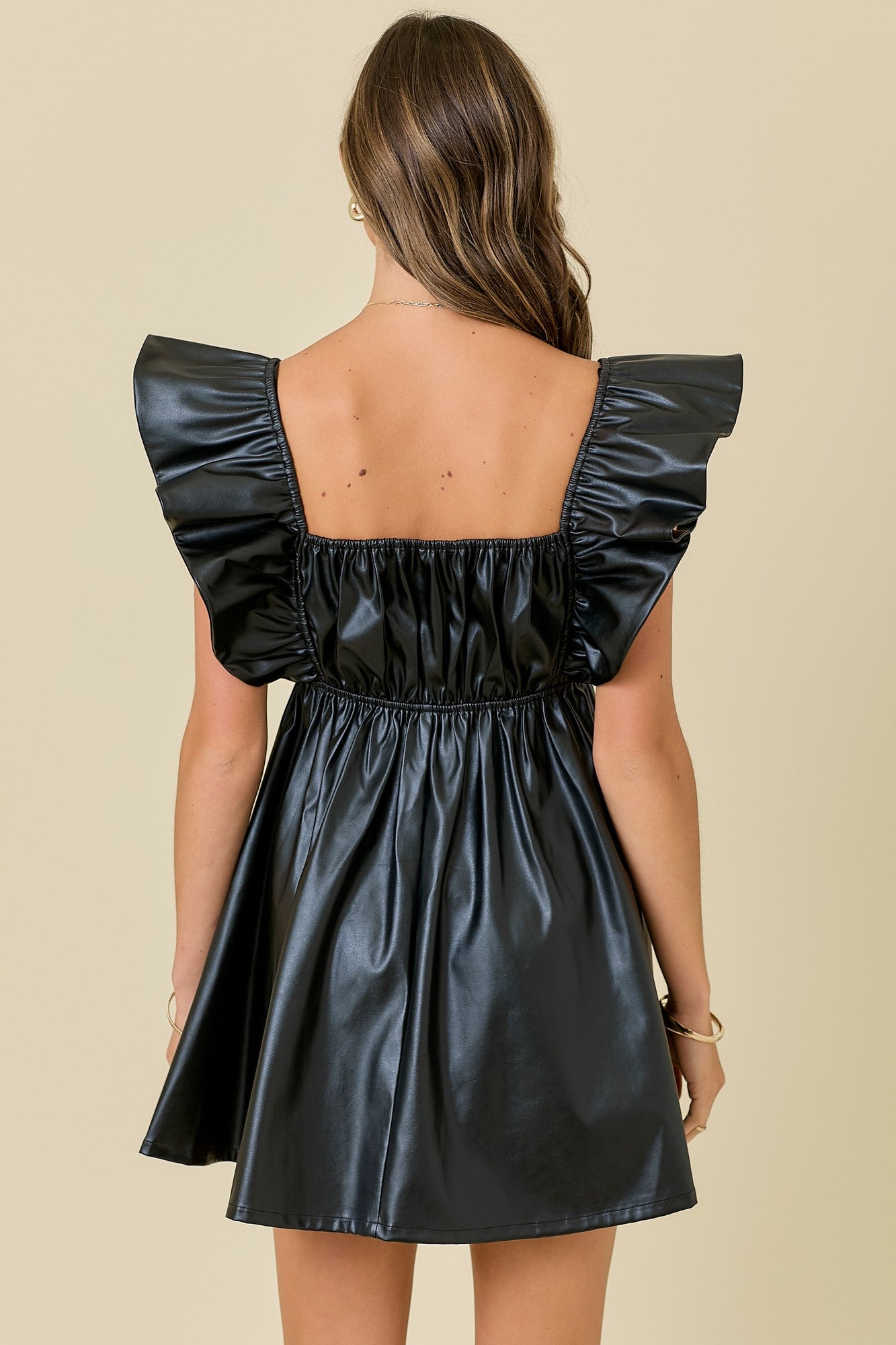 BOUTIQUE LEATHER RUFFLE SLEEVE MINI BLACK BACK