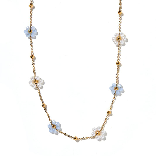 BOUTIQUE LINNY CO GOLD FLOWER BLUE PEARL GRACIE NECKLACE