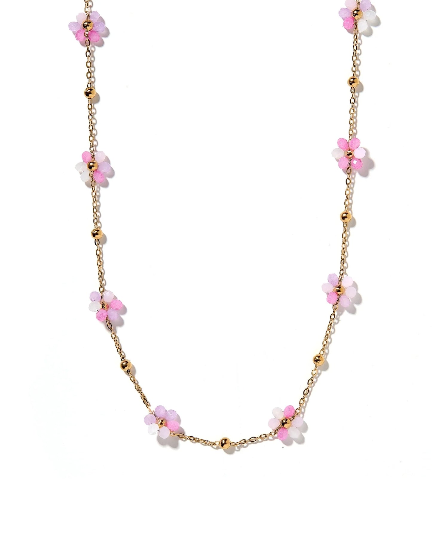 BOUTIQUE LINNY CO GOLD FLOWER PINK PEARL GRACIE NECKLACE FRONT