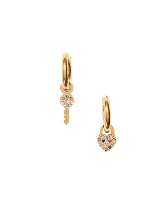 BOUTIQUE LINNY CO GOLD LOCK + KEY CHARM HUGGIE HOOP EARRINGS FRONT 2