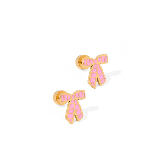 BOUTIQUE LINNY CO GOLD PINK BOW SCREWBACK STUD EARRINGS CONLEY