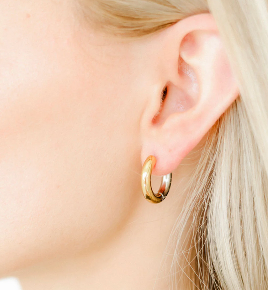 BOUTIQUE LINNY CO HUGGIE EARRINGS - SCARLETT HOOP TWO-TONE 12MM IN EAR