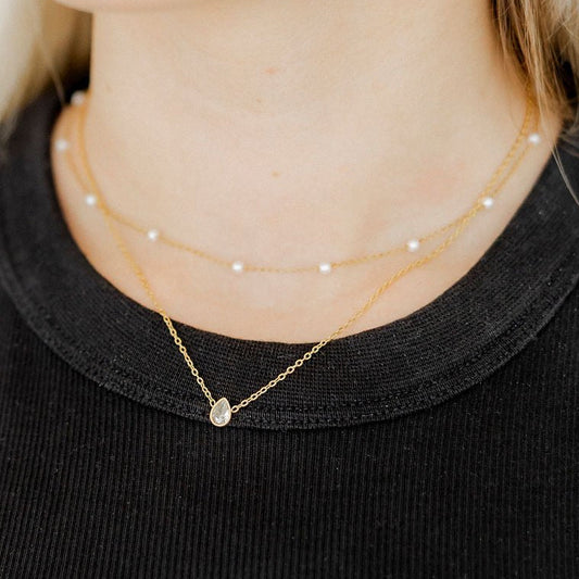 BOUTIQUE LINNY CO PALOMA PEAR DROP GOLD NECKLACE ON NECK