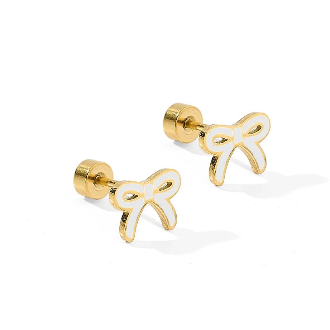 BOUTIQUE LINNY CO SCREWBACK STUD EARRINGS SADIE BOW WHITE 2