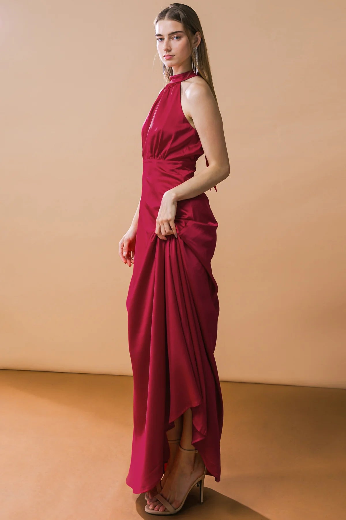 BOUTIQUE LOOKBOOK FAVORITE WOVEN MAXI DRESS BURGUNDY RED SIDE
