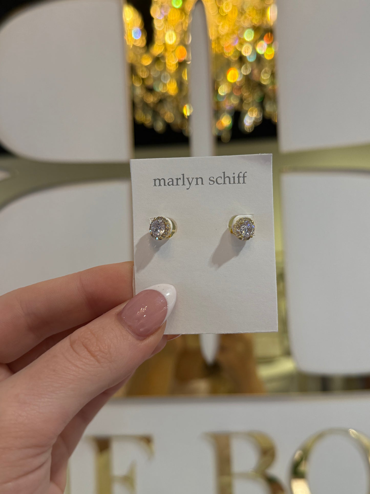 BOUTIQUE MARLYN SCHIFF GOLD PLATED DIAMOND HALO STUDS IN HAND