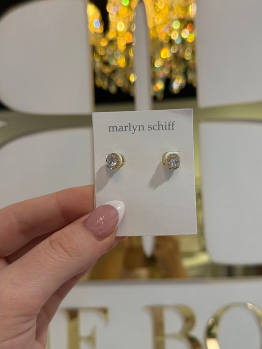 BOUTIQUE MARLYN SCHIFF GOLD PLATED DIAMOND HALO STUDS IN HAND