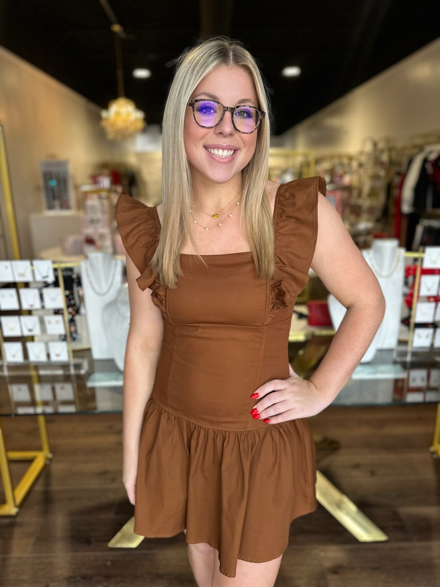BOUTIQUE MOCHA MUSE MINI DRESS MOCHA FRONT ON MODEL