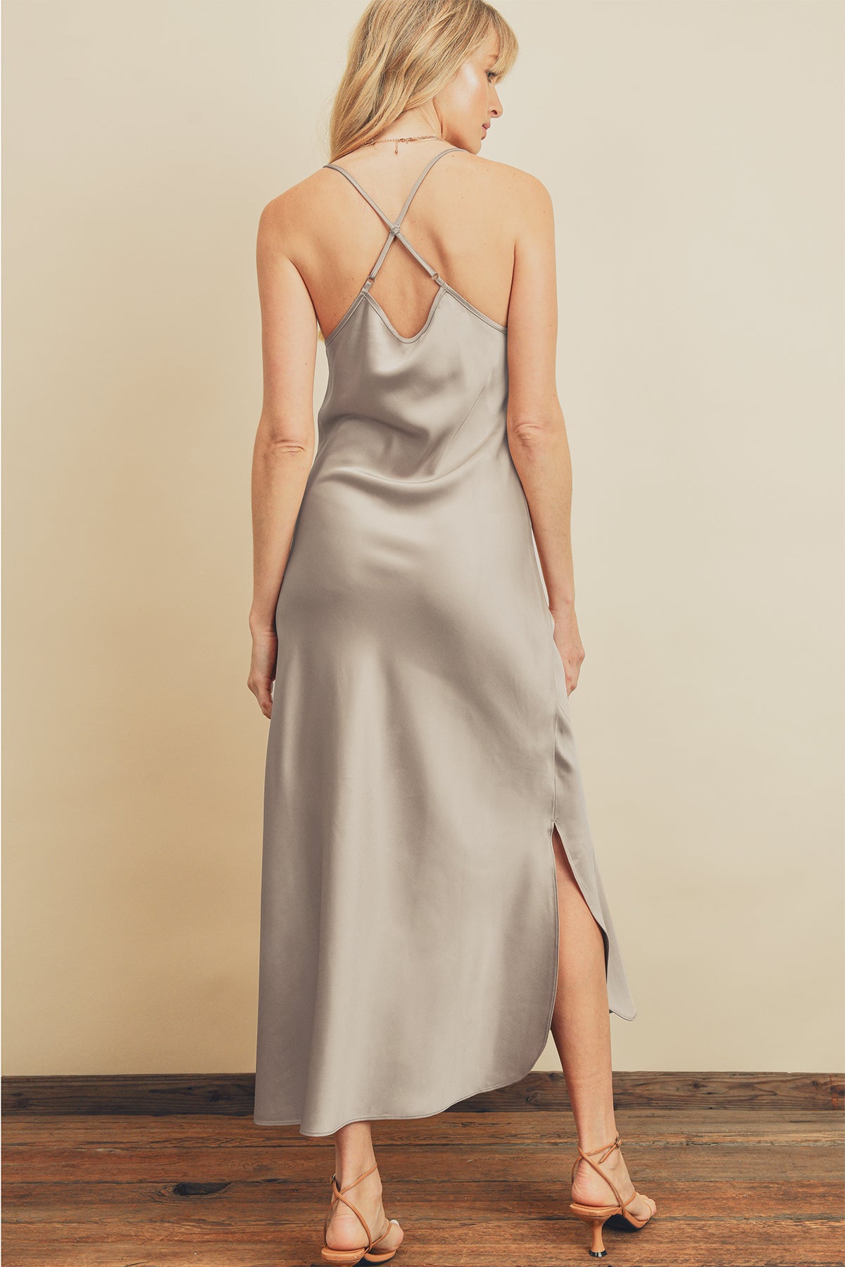 BOUTIQUE MY LOVER CROSS BACK COWL NECK DRESS SILVER LAVENDER BACK