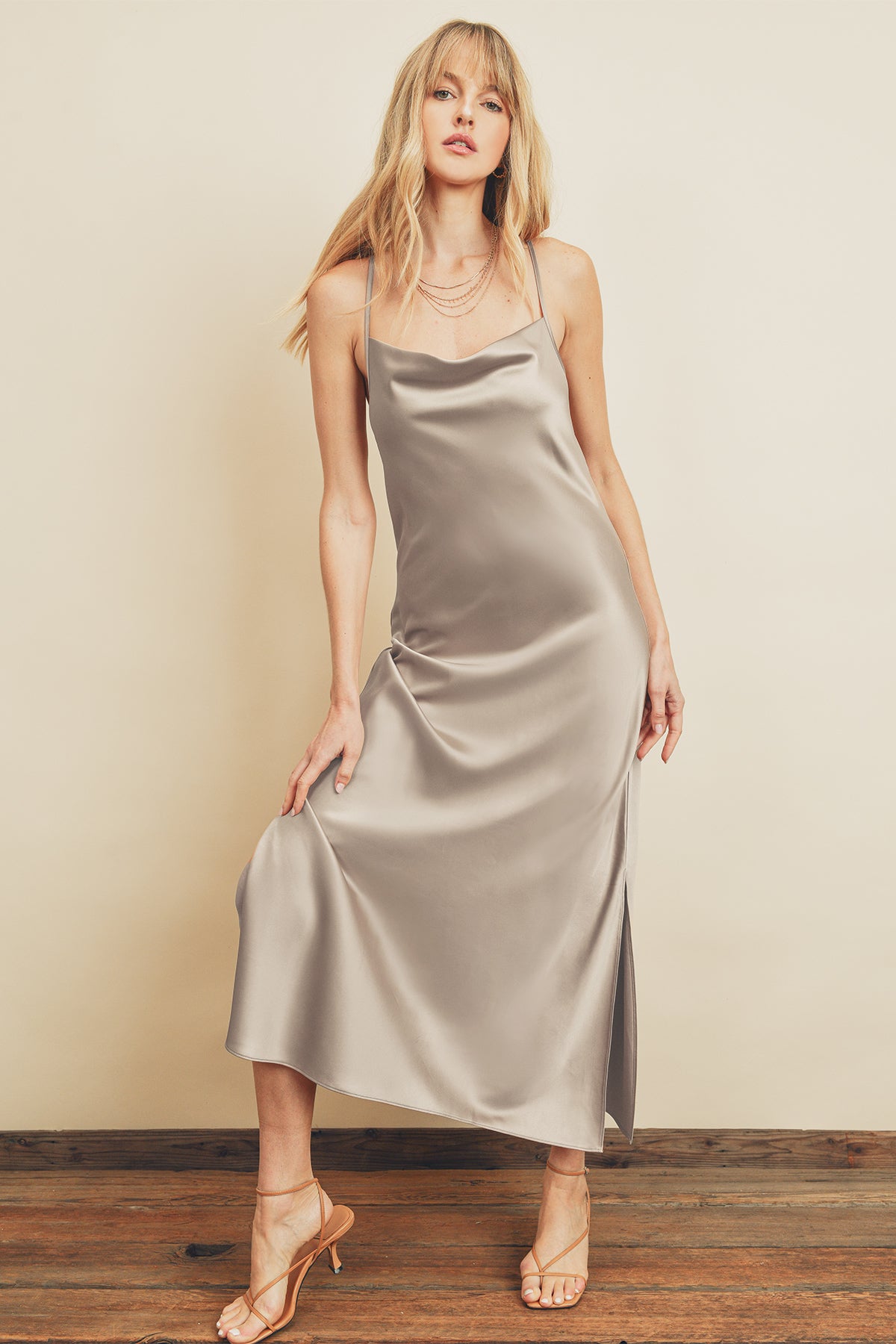 BOUTIQUE MY LOVER CROSS BACK COWL NECK DRESS SILVER LAVENDER FRONT