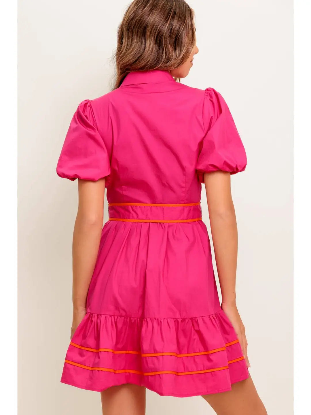 BOUTIQUE PARADISE FOUND WOVEN MINI DRESS FUCHSIA ORANGE BACK