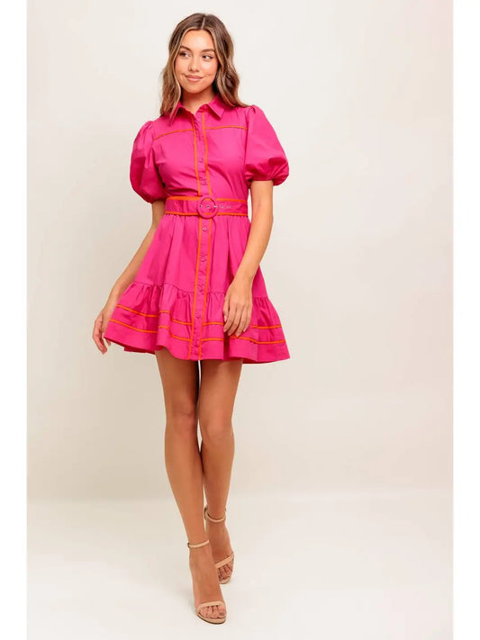 BOUTIQUE PARADISE FOUND WOVEN MINI DRESS FUCHSIA ORANGE FRONT