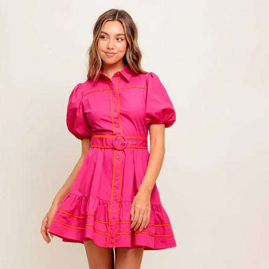 BOUTIQUE PARADISE FOUND WOVEN MINI DRESS FUCHSIA ORANGE FRONT