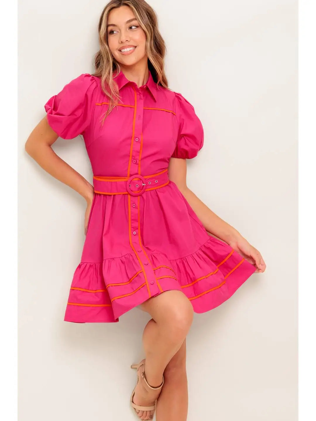 BOUTIQUE PARADISE FOUND WOVEN MINI DRESS FUCHSIA ORANGE FRONT 3