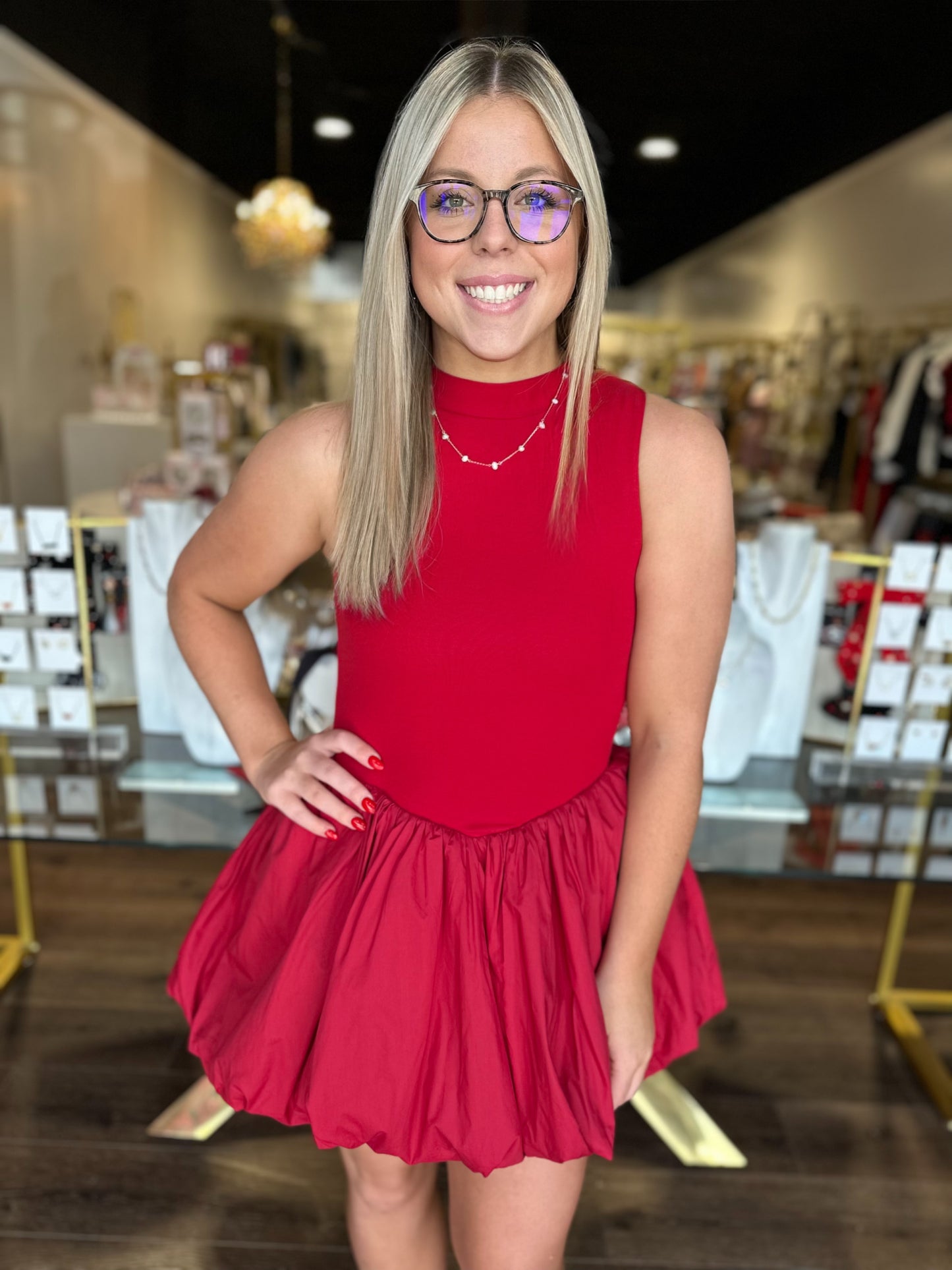 BOUTIQUE RITA MINI DRESS CRIMSON FRONT ON MODEL
