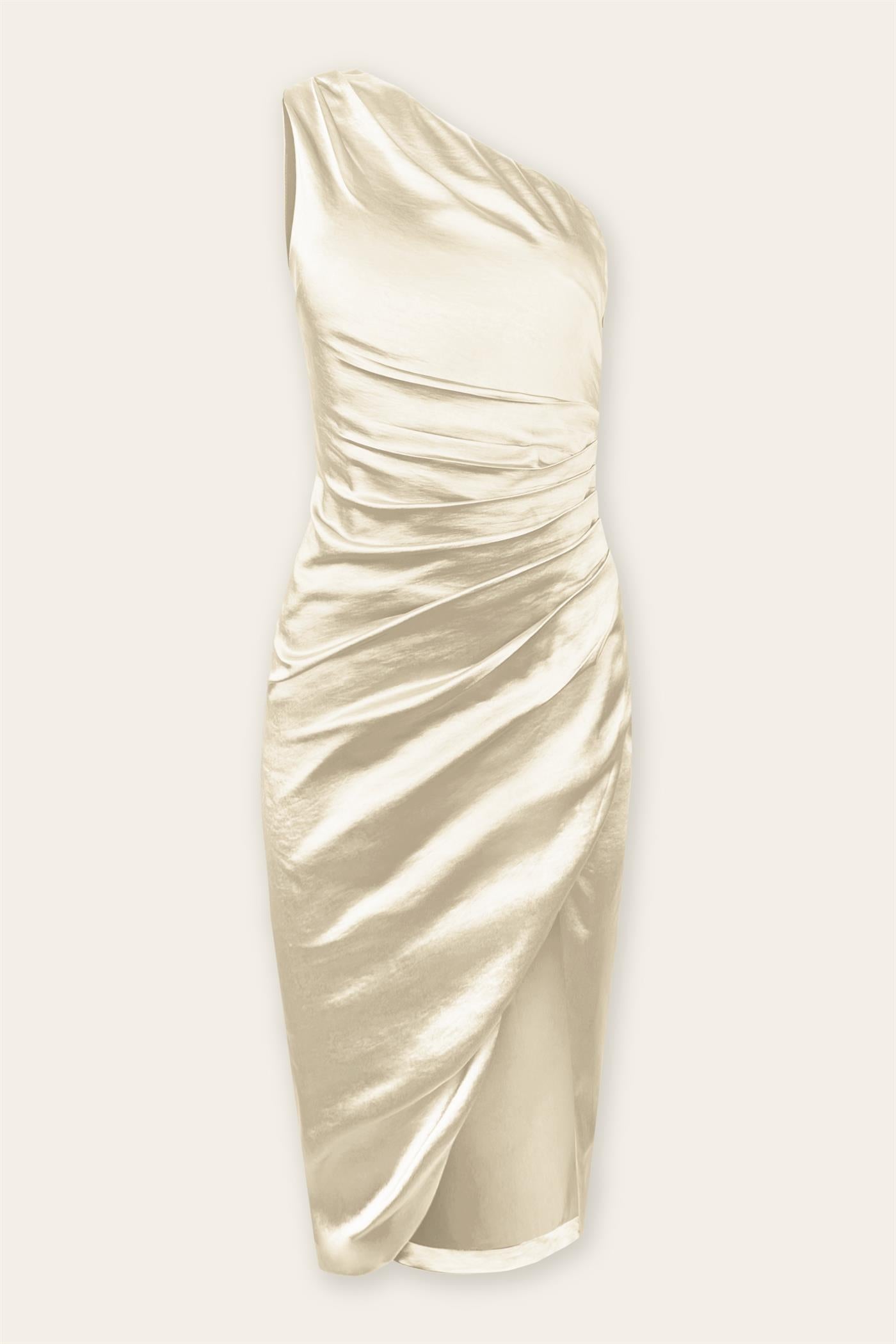 BOUTIQUE RUCHED SIDE HIGH SLIT MIDI DRESS PEARL FRONT 3