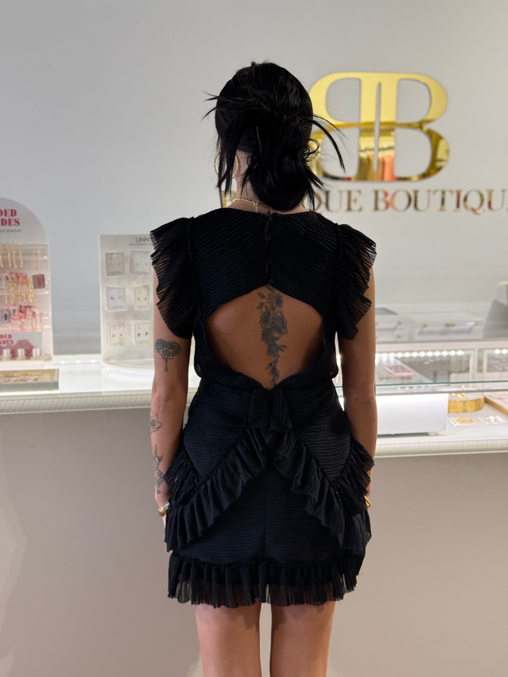 BOUTIQUE RUFFLE CUTOUT BACK MINI DRESS BLACK BACK