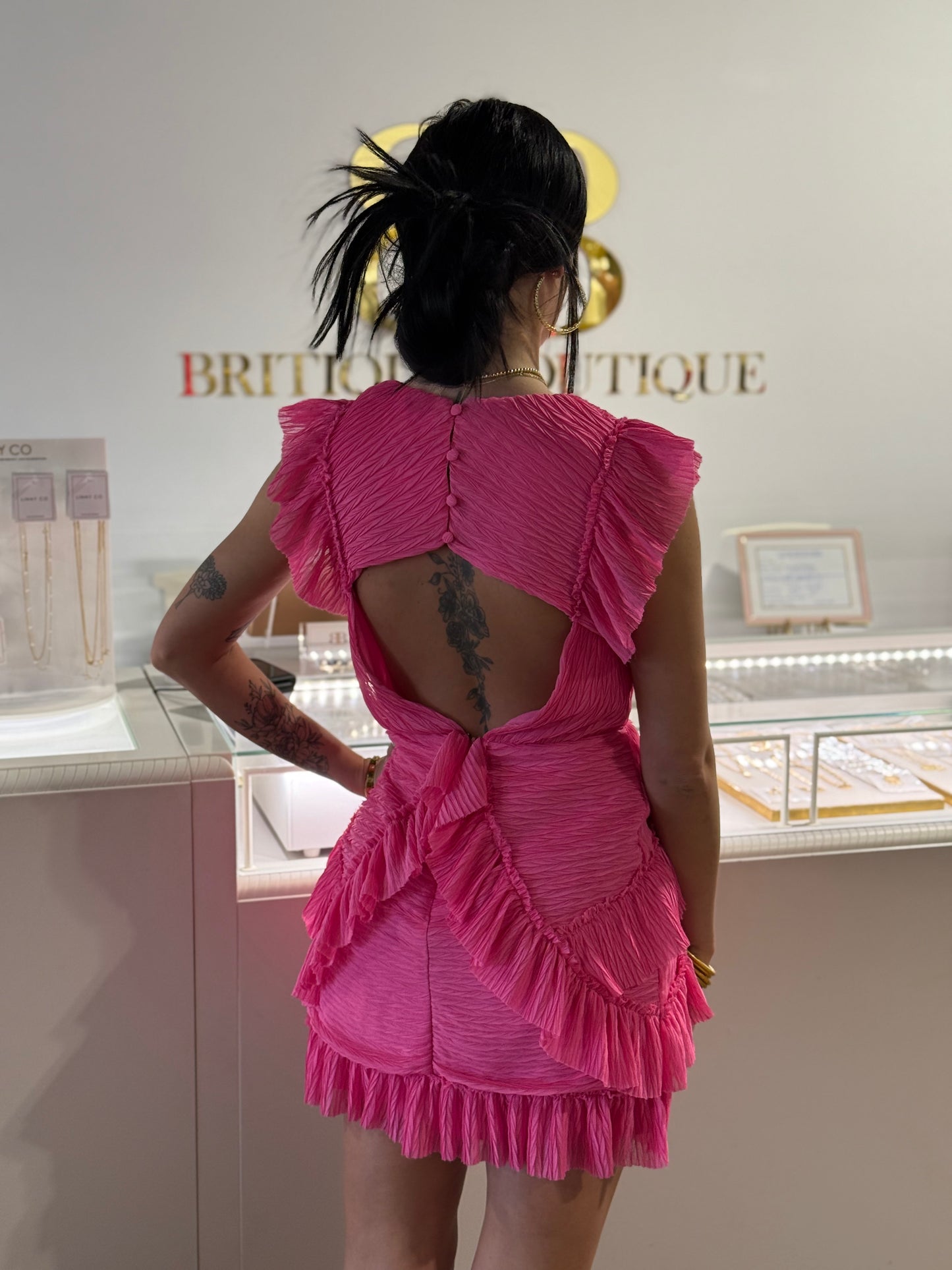 BOUTIQUE RUFFLE CUTOUT BACK MINI DRESS PINK BACK