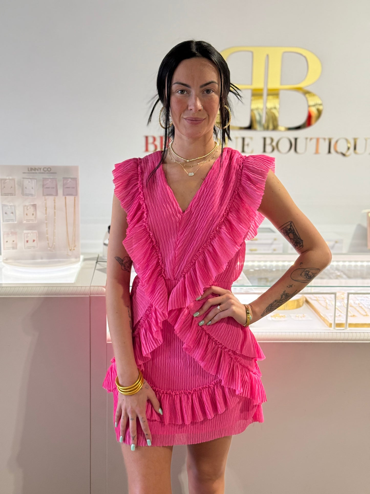 BOUTIQUE RUFFLE CUTOUT BACK MINI DRESS PINK FRONT
