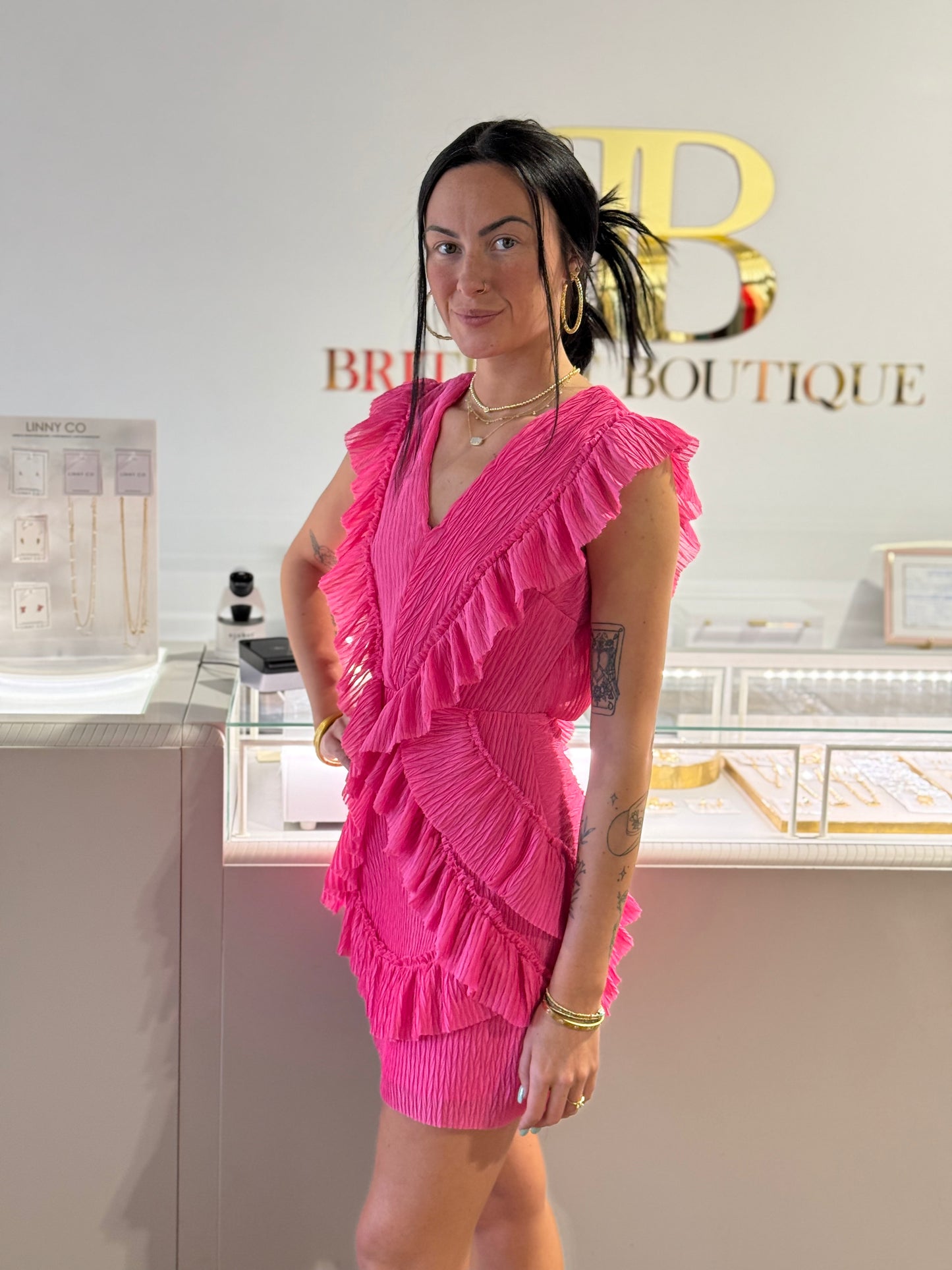 BOUTIQUE RUFFLE CUTOUT BACK MINI DRESS PINK SIDE