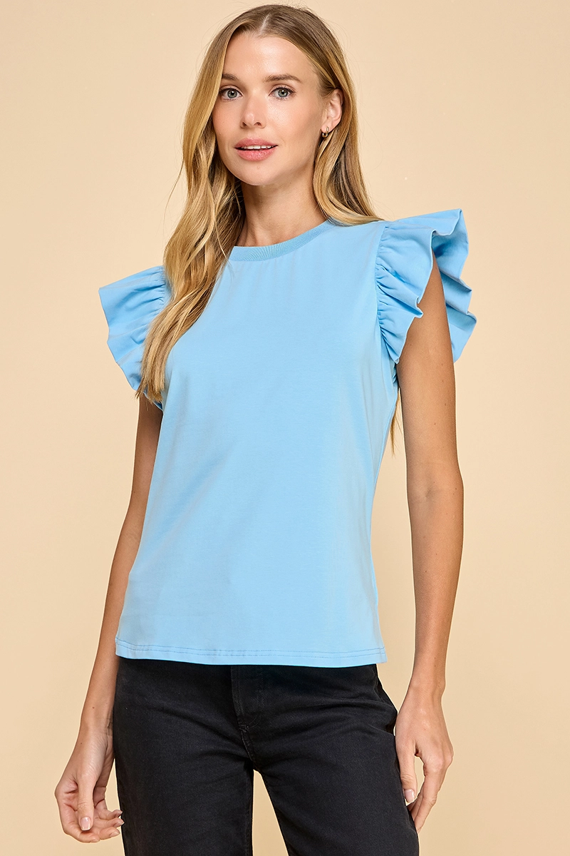 BOUTIQUE RUFFLE SLEEVE POPLIN TOP BLUE FRONT