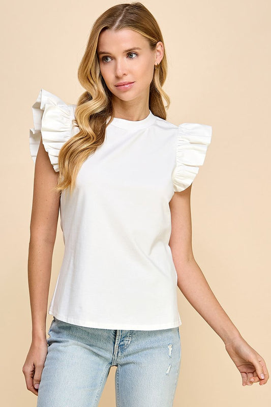 BOUTIQUE RUFFLE SLEEVE POPLIN TOP FRONT WHITE