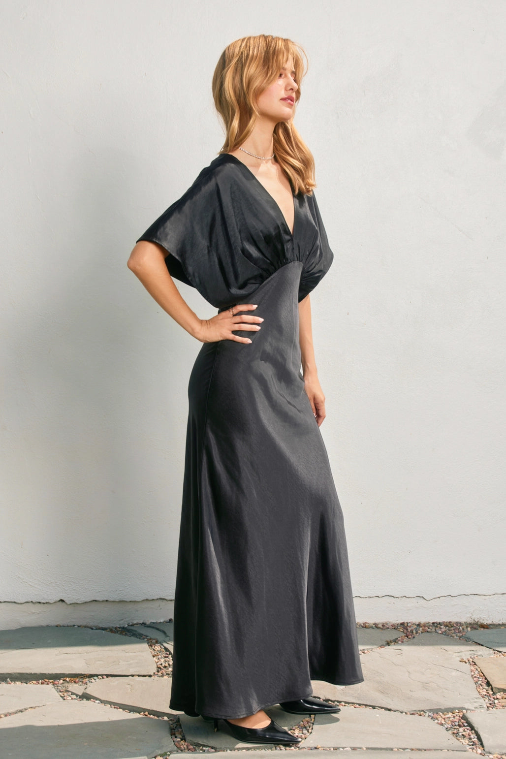 BOUTIQUE SATIN BLOUSON MAXI DRESS BLACK SIDE