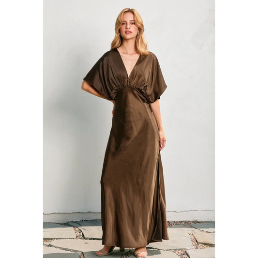 BOUTIQUE SATIN BLOUSON MAXI DRESS ESPRESSO FRONT