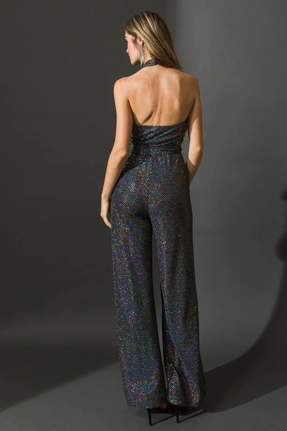 BOUTIQUE SHE'S BACK IN TOWN WOVEN JUMPSUIT BLACK SILVER BACK