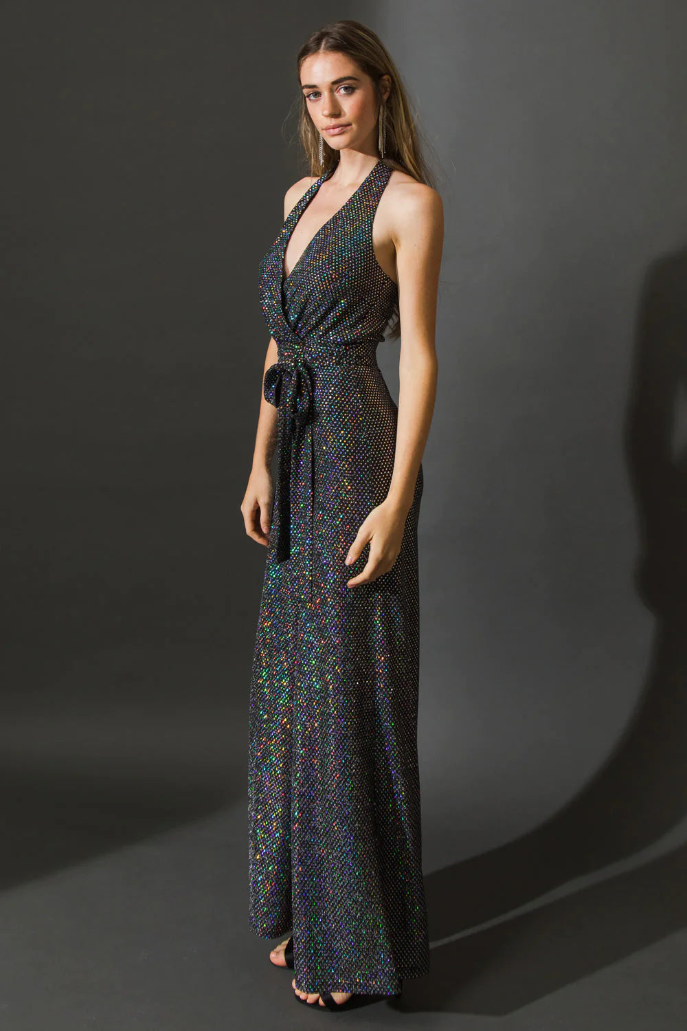BOUTIQUE SHE'S BACK IN TOWN WOVEN JUMPSUIT BLACK SILVER SIDE 2