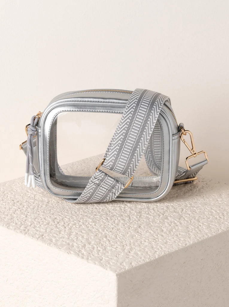 BOUTIQUE SHIRALEAH SPECTATOR CLEAR CROSSBODY PURSE SILVER
