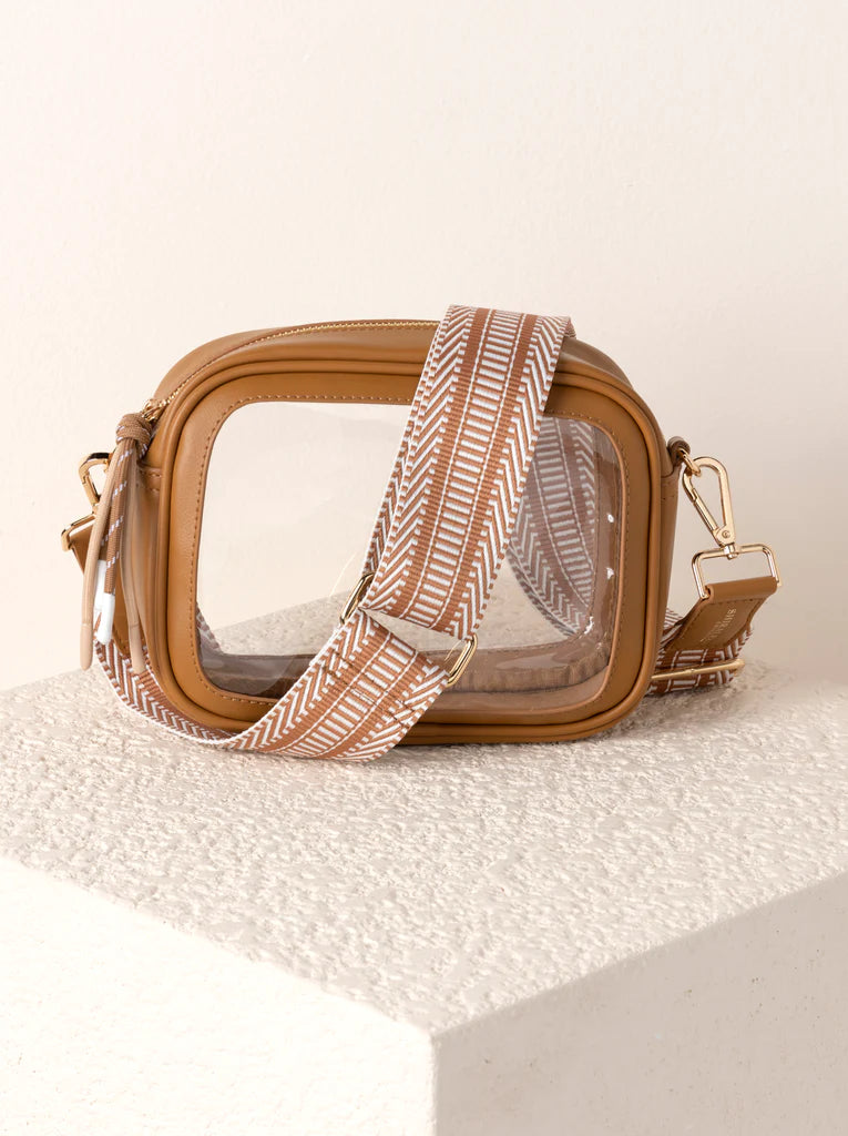BOUTIQUE SHIRALEAH SPECTATOR CLEAR CROSSBODY PURSE TAN