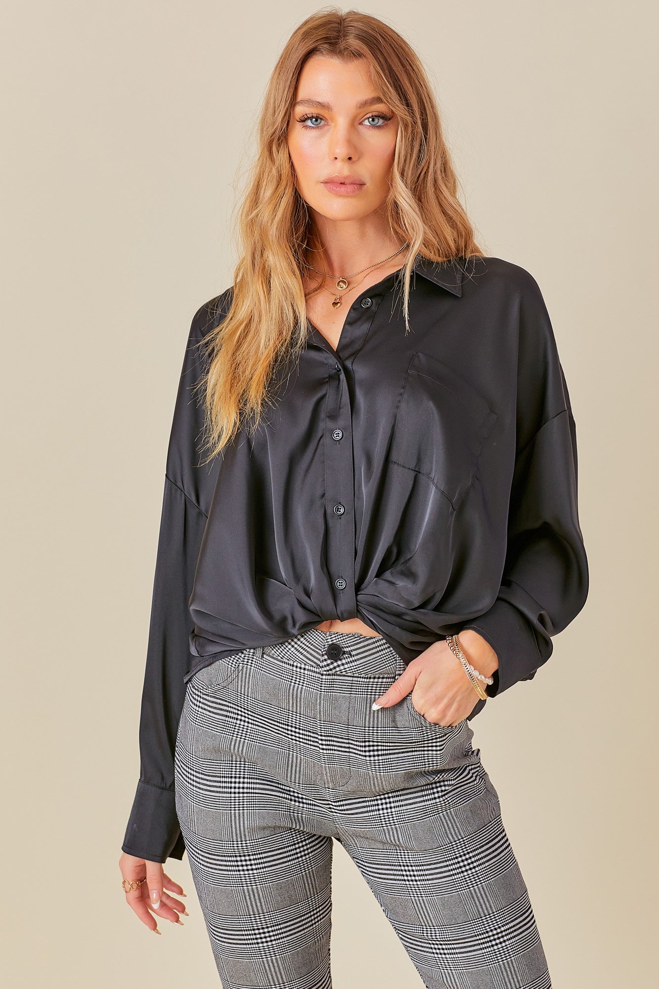 BOUTIQUE SLEEK SATIN BUTTON DOWN TOP BLACK FRONT 2
