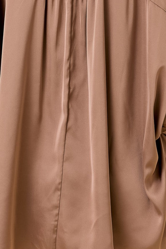 BOUTIQUE SLEEK SATIN BUTTON DOWN TOP BROWN