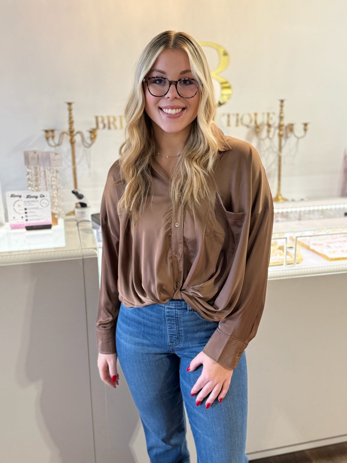 BOUTIQUE SLEEK SATIN BUTTON DOWN TOP MOCHA FRONT ON MODEL