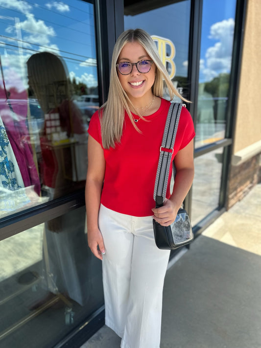 BOUTIQUE SPANX AIRESSENTIALS LIGHT TEE ON MODEL FRONT SPANX RED